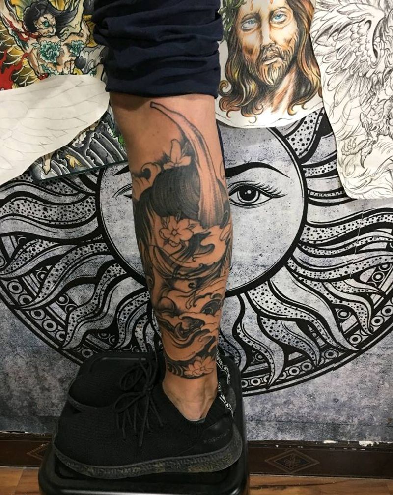 帅哥的小腿般若，昨日完工～感谢纹身图片_腿部新传统纹身图案