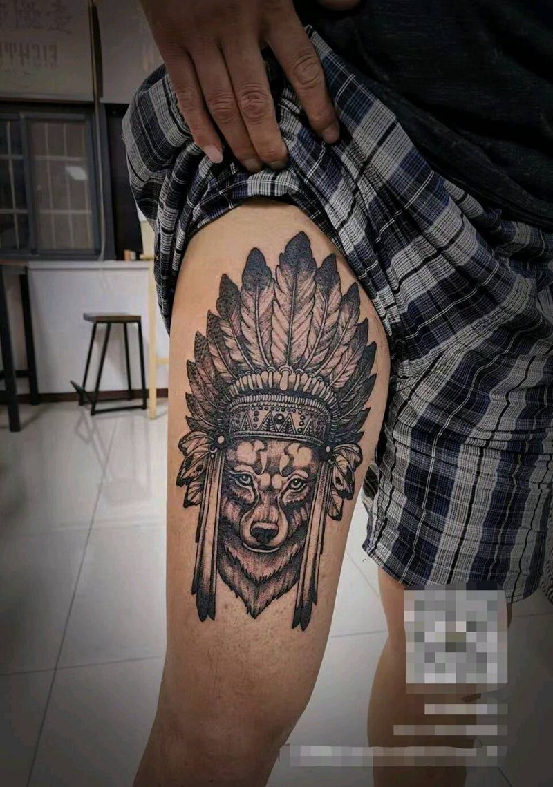 印第安狗子纹身图片_腿部纹身图案