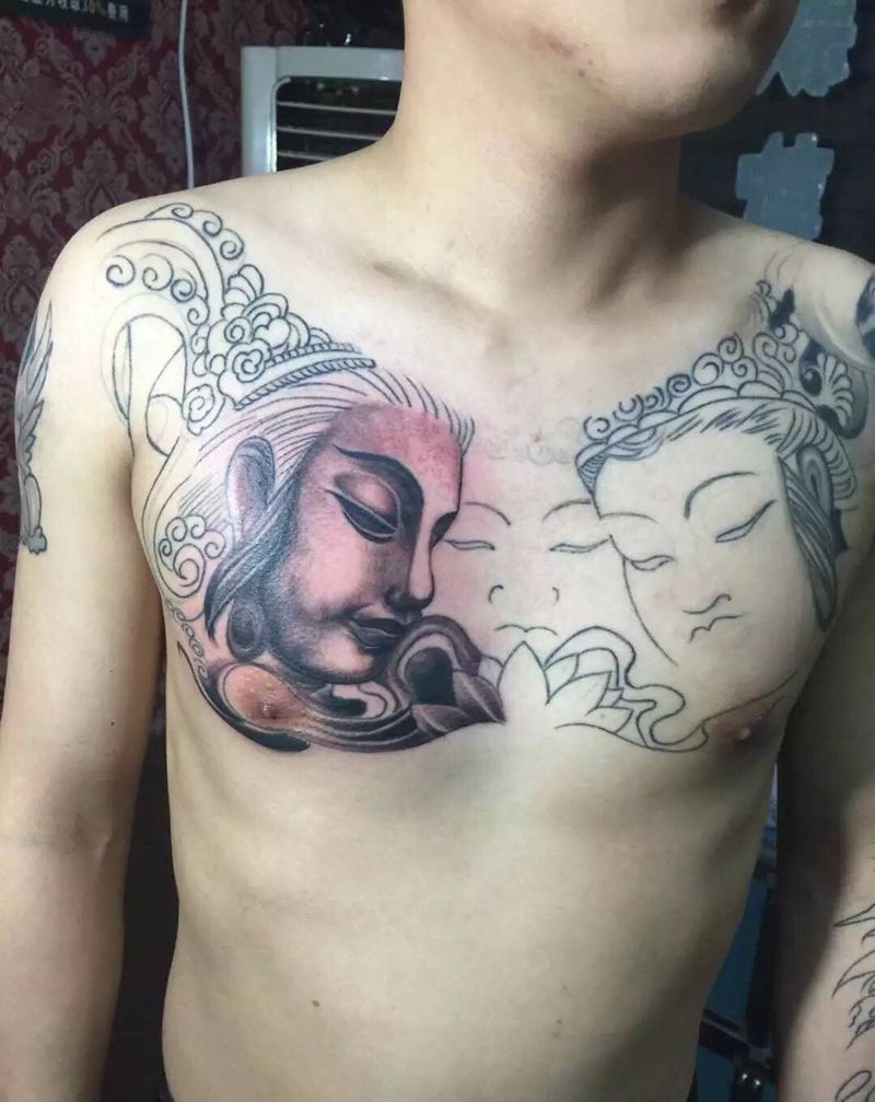 三面佛纹身图片_胸部传统成品宗教纹身图案