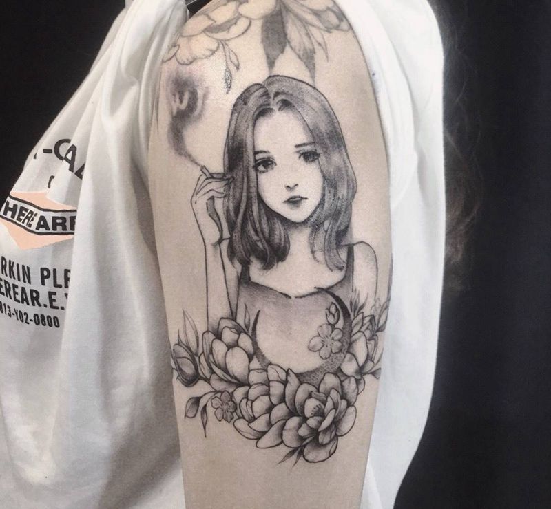 吸烟少女纹身图片