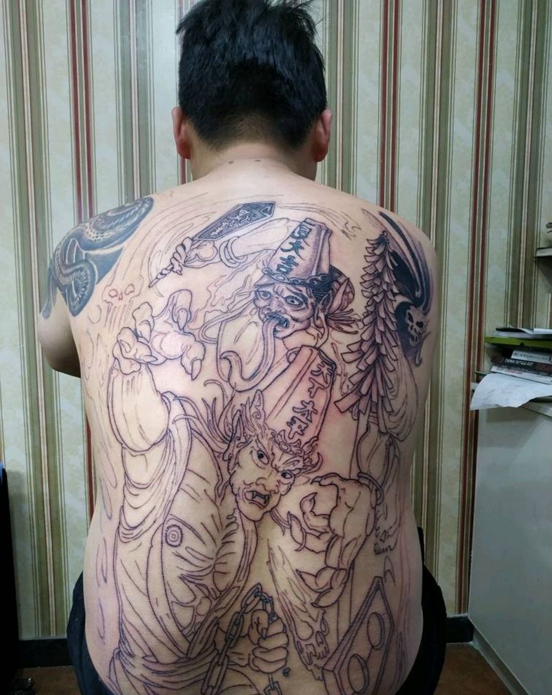 满背黑白无常纹身图片