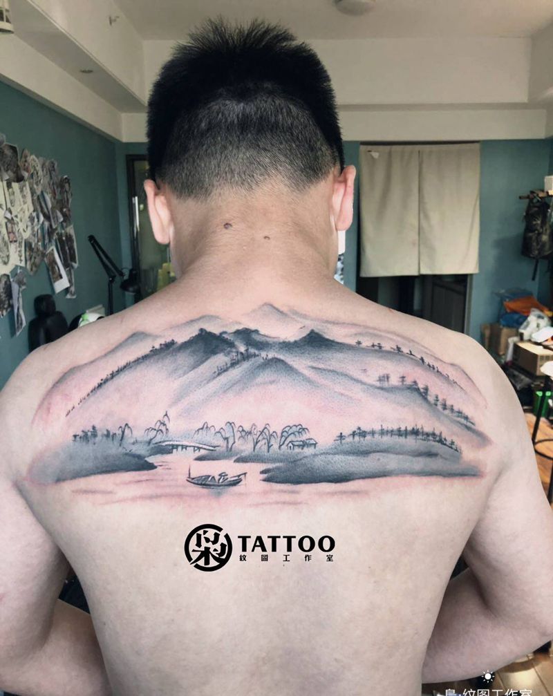 山水纹身图片_背部纹身图案