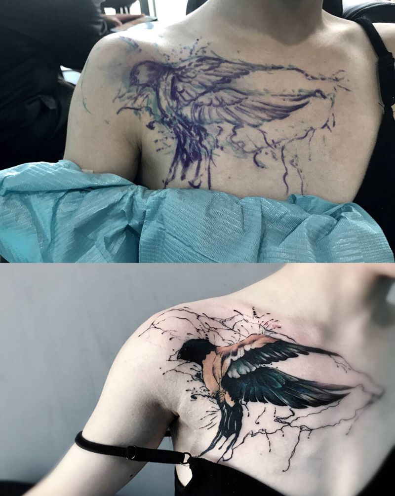 海燕纹身图片_胸部水彩水墨纹身图案