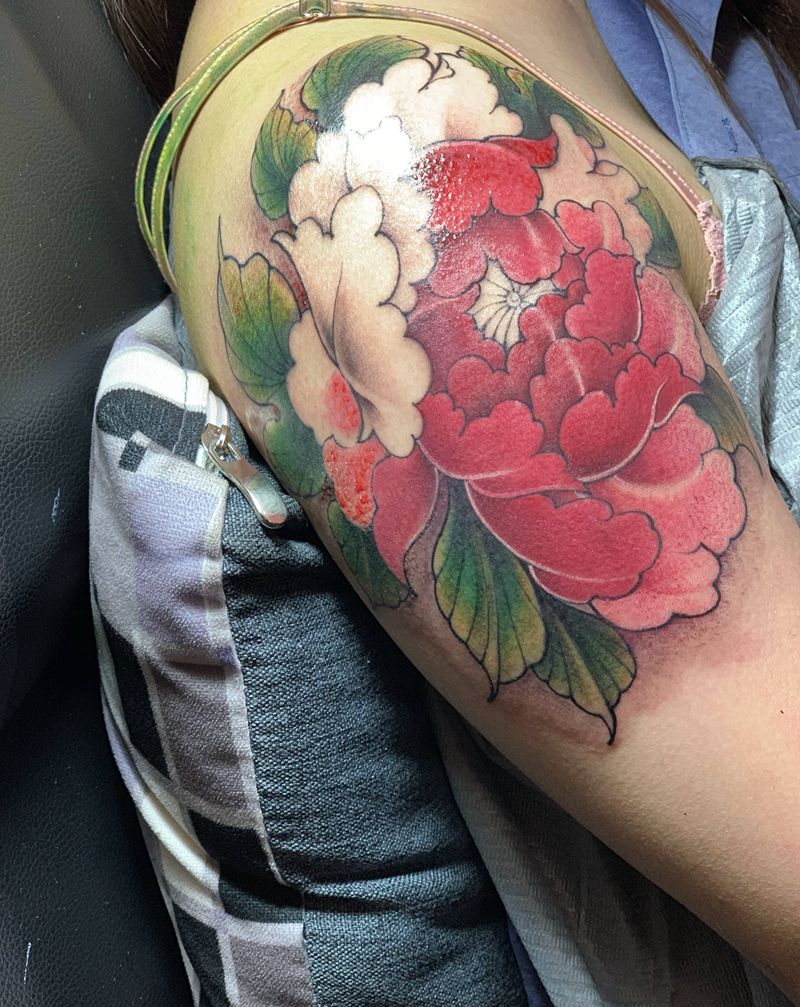 啊啊啊，牡丹纹身图片_手臂新传统纹身图案