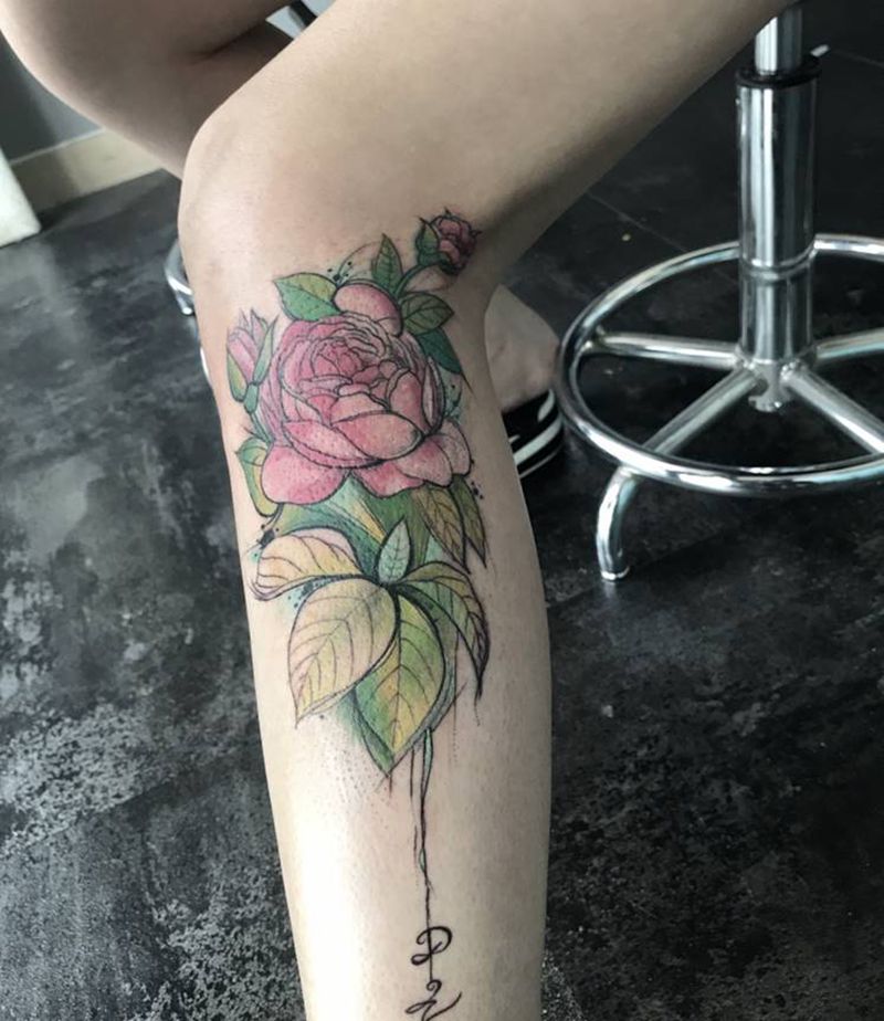 玫瑰花纹身图片_脚部水彩纹身图案
