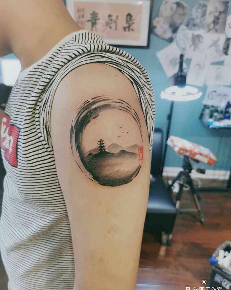 山水、写实纹身图片_手臂纹身图案