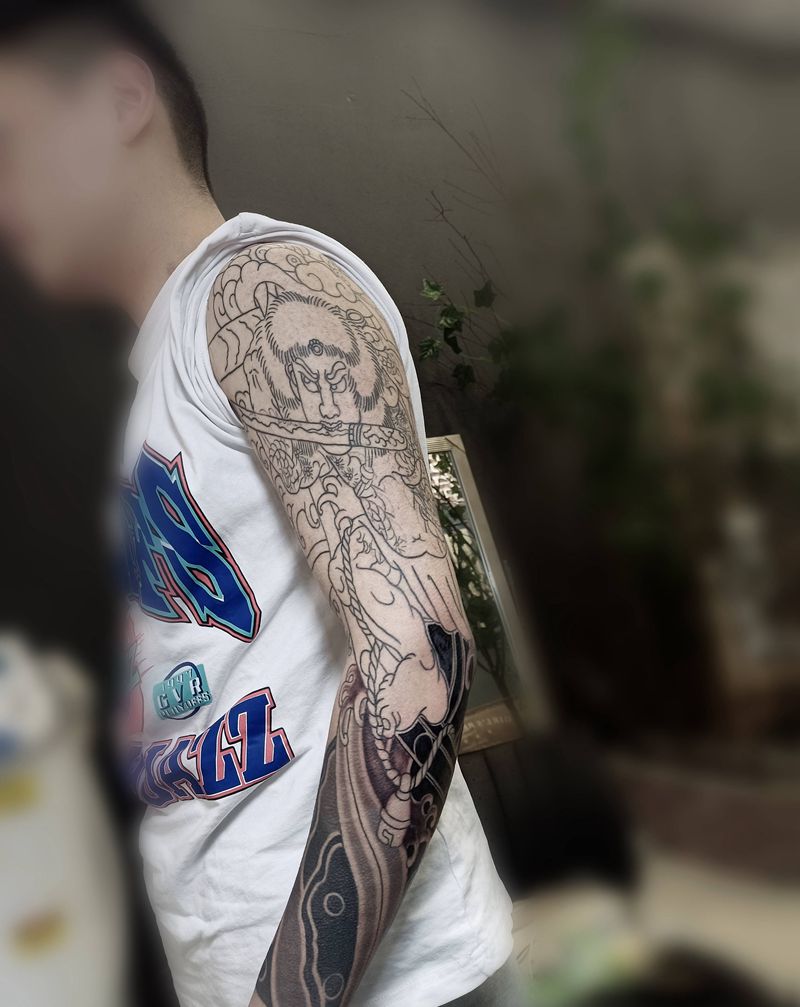 张顺破水门纹身图片_手臂老传统新传统日式花臂张顺破水门纹身图案