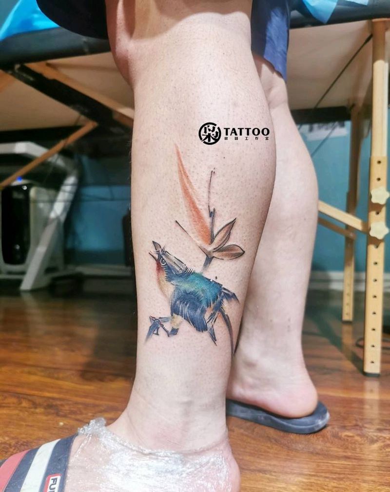 写意，花鸟纹身图片_腿部纹身图案