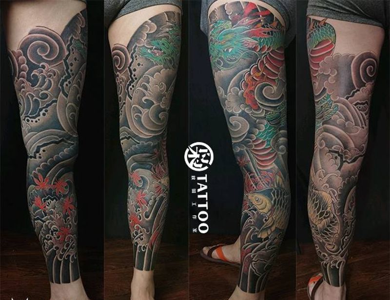 传统花腿纹身图片_腿部纹身图案