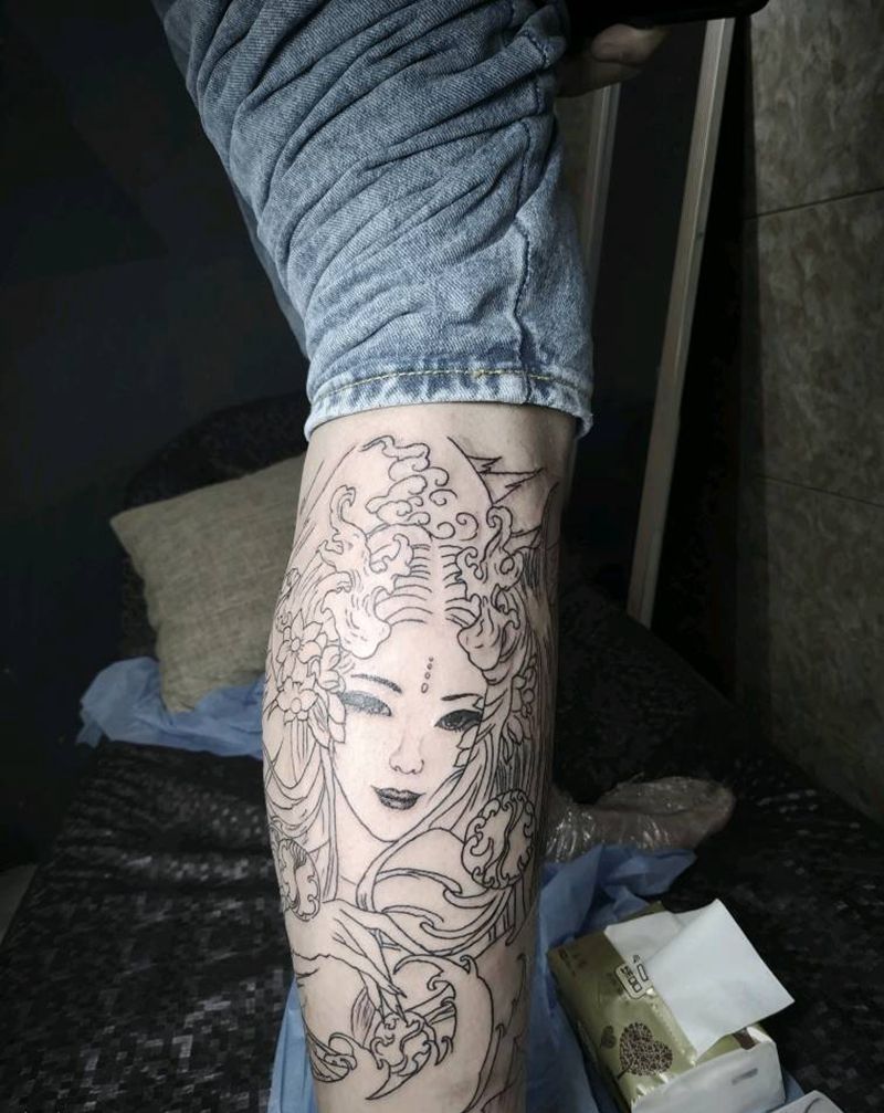 龙女未扩线纹身图片_腿部新传统龙女龙伎纹身图案