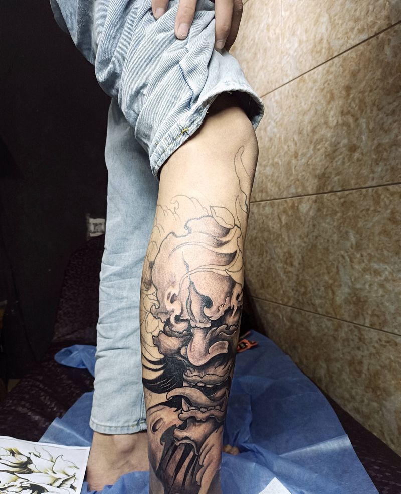 包小腿般若纹身图片_腿部新传统般若纹身图案