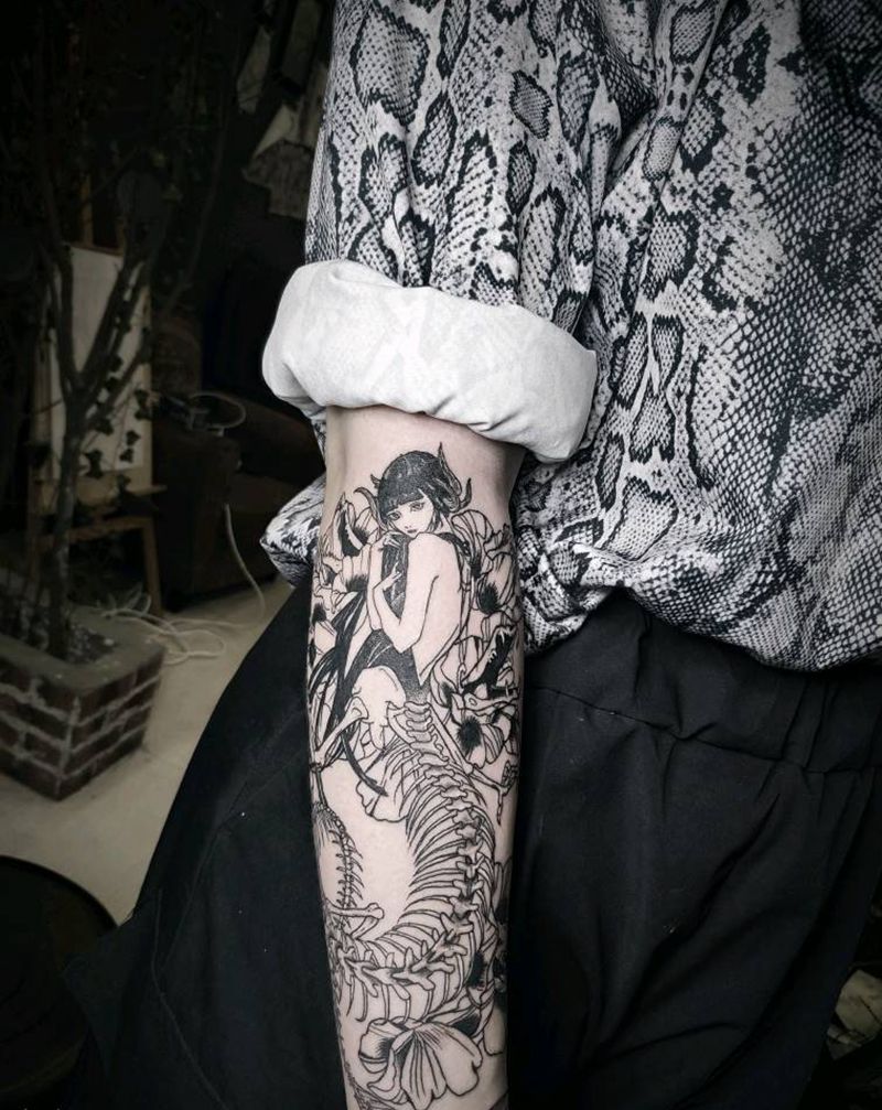 小姐姐手臂 龙女纹身图片_手臂点刺龙女素花纹身图案