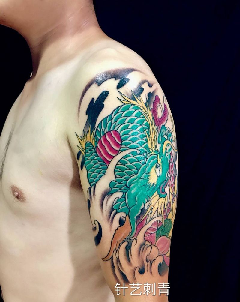 彩色龙头纹身图片