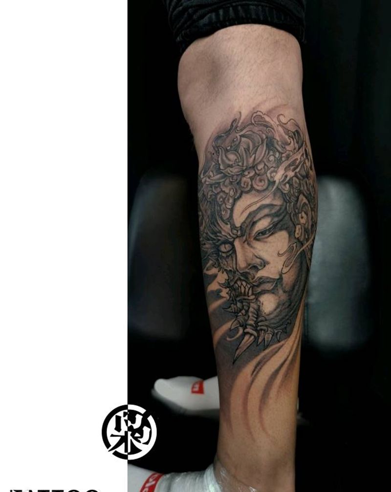 一念纹身图片_腿部新传统纹身图案