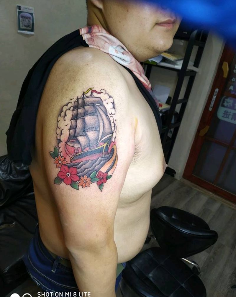 school风格帆船纹身图片_手臂New School帆船school手臂纹身图案