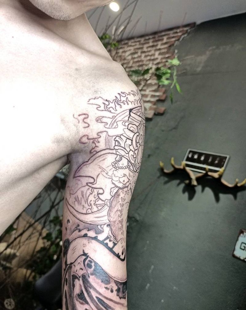 大臂全包象神未完成纹身图片_手臂新传统象神纹身图案