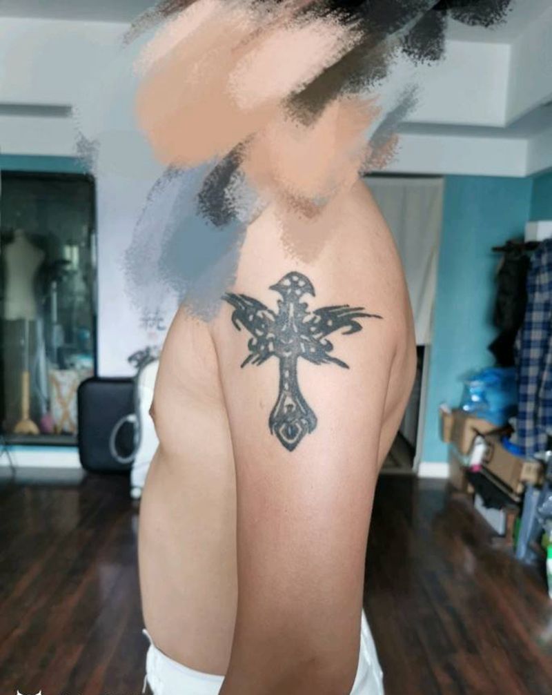 旧纹身改造工程纹身图片_肩部水墨纹身图案