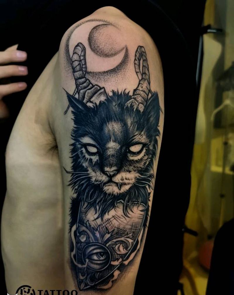 暗黑恶魔猫纹身图片_手臂点刺纹身图案