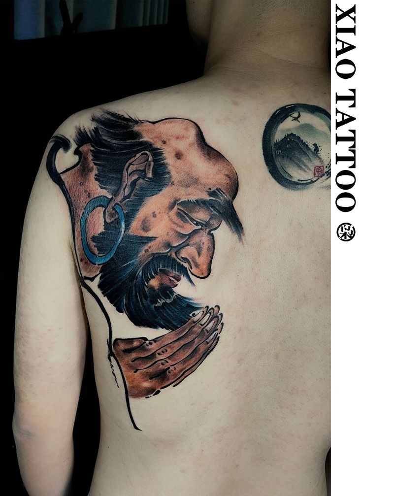 苦·禅纹身图片_背部水墨纹身图案