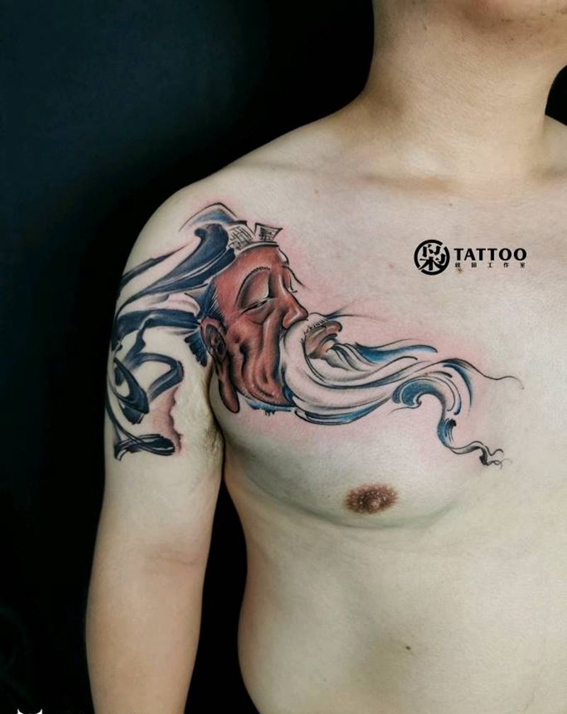 老者纹身图片_胸部肩部水墨纹身图案