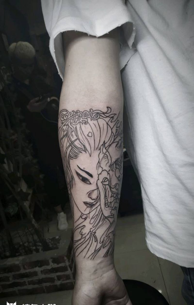 艺伎线条纹身图片_手臂新传统纹身图案