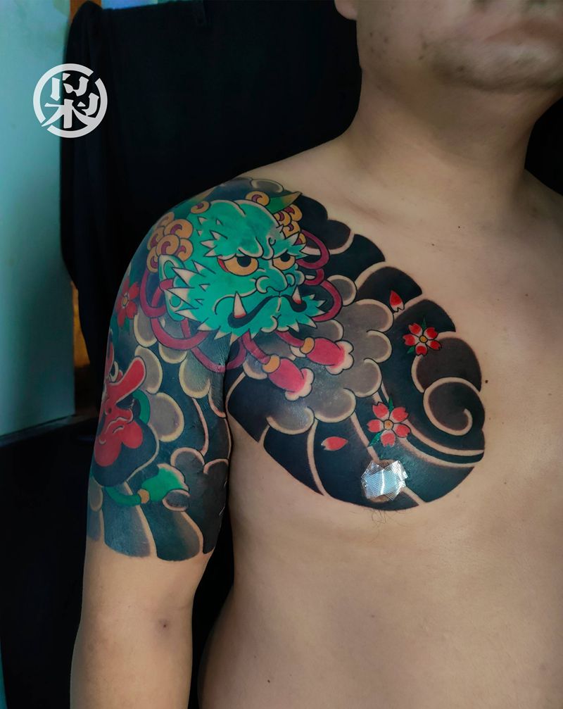 老传统半甲纹身图片_肩部老传统纹身图案