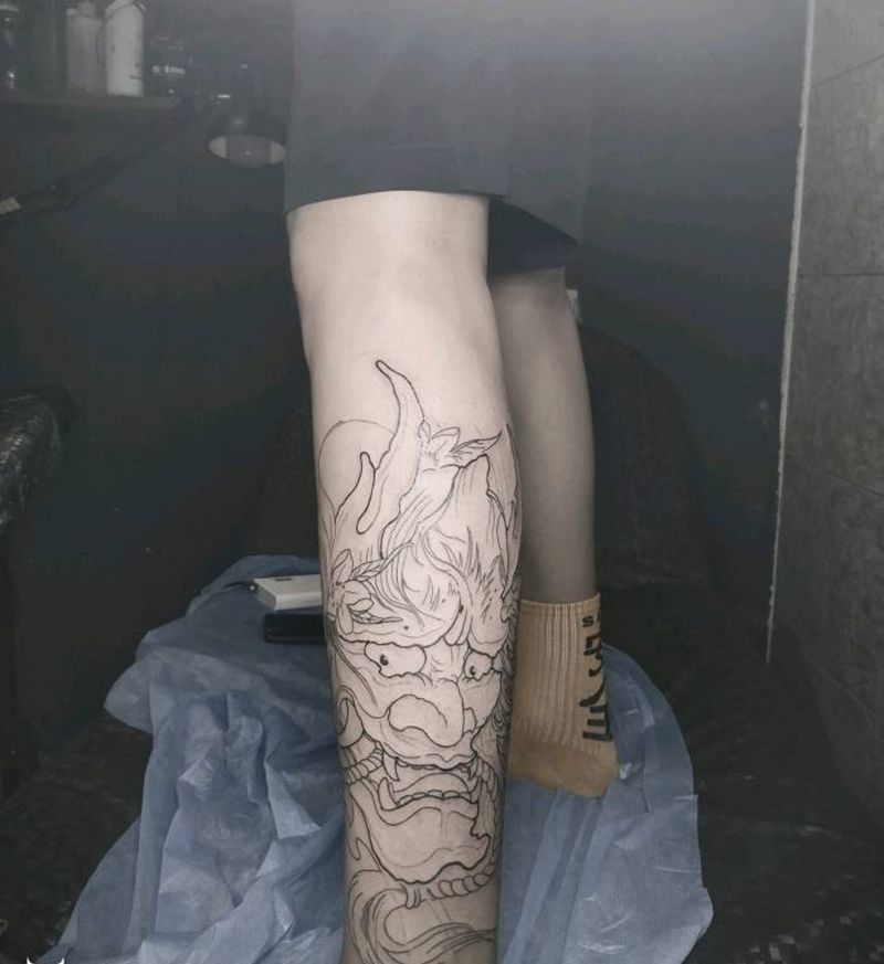 般若半包小腿线条纹身图片_腿部新传统般若纹身图案