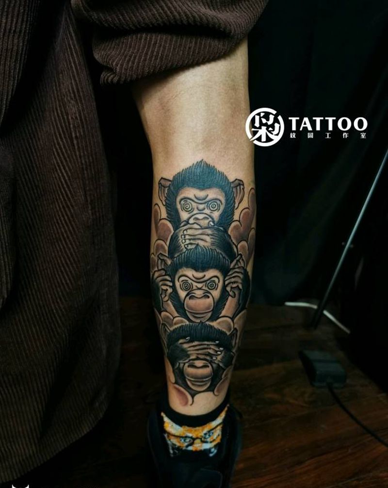 三不猴纹身图片_腿部纹身图案