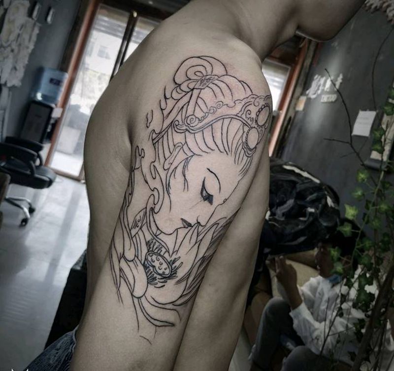 艺伎线条未扩线纹身图片_手臂新传统艺伎纹身图案