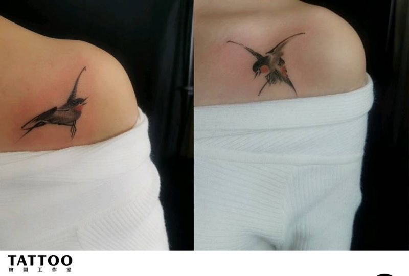 水墨燕儿纹身图片_肩部纹身图案