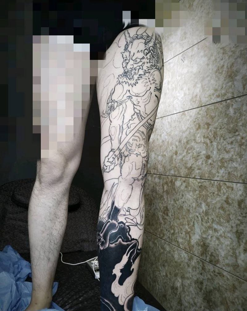 日式花腿遮盖未完成纹身图片_腿部老传统花腿日式遮盖纹身图案