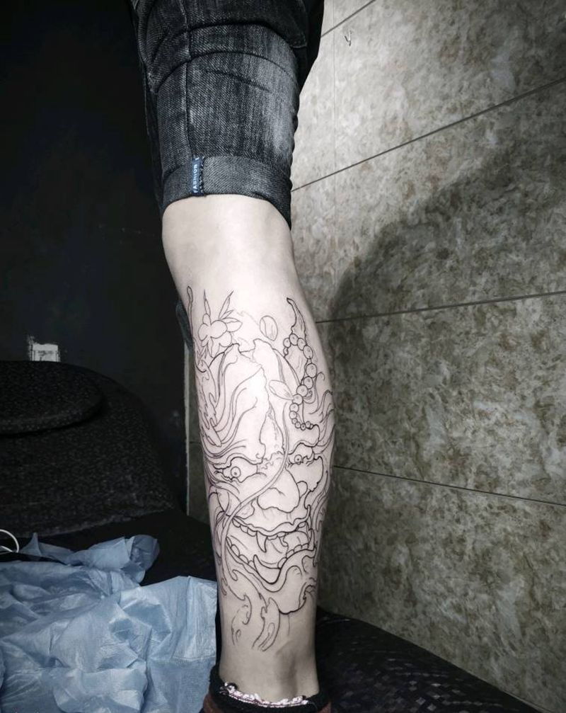小腿般若线条纹身图片_腿部新传统般若线条纹身图案