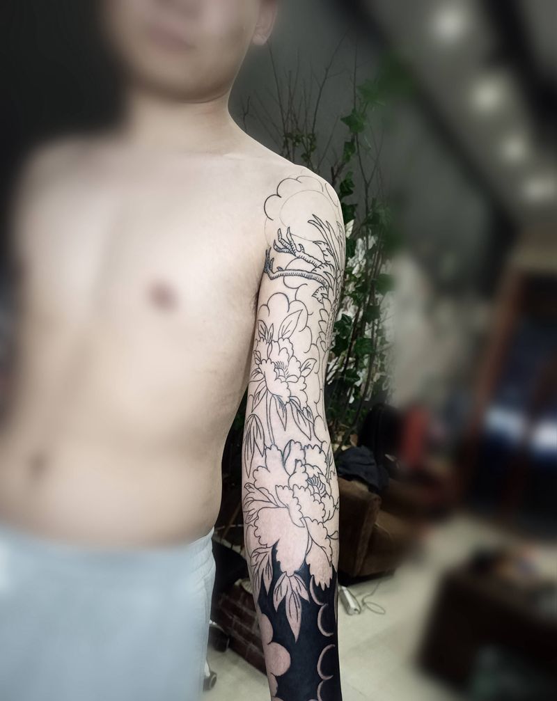 日式仙鹤花臂纹身图片_手臂老传统仙鹤花臂日式老传统纹身图案