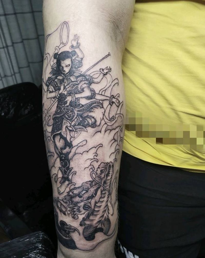 哪吒未完成纹身图片_手臂新传统哪吒龙纹身图案