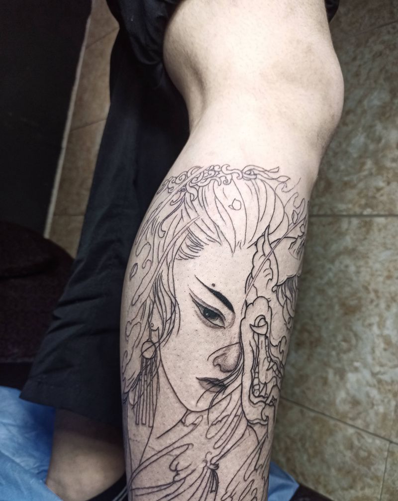 艺伎线条纹身图片_腿部新传统艺伎线条纹身图案