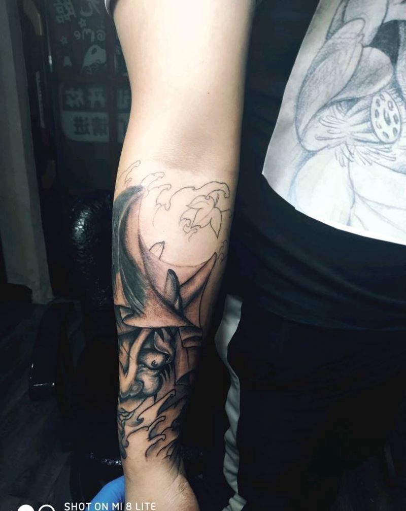 般若遮盖蝎子未完成纹身图片_手臂新传统般若遮盖蝎子纹身图案