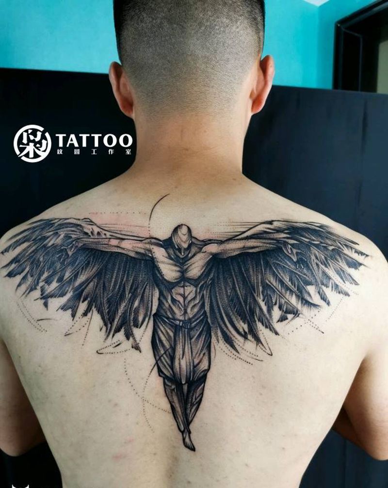 扫针天使作品纹身图片_背部纹身图案