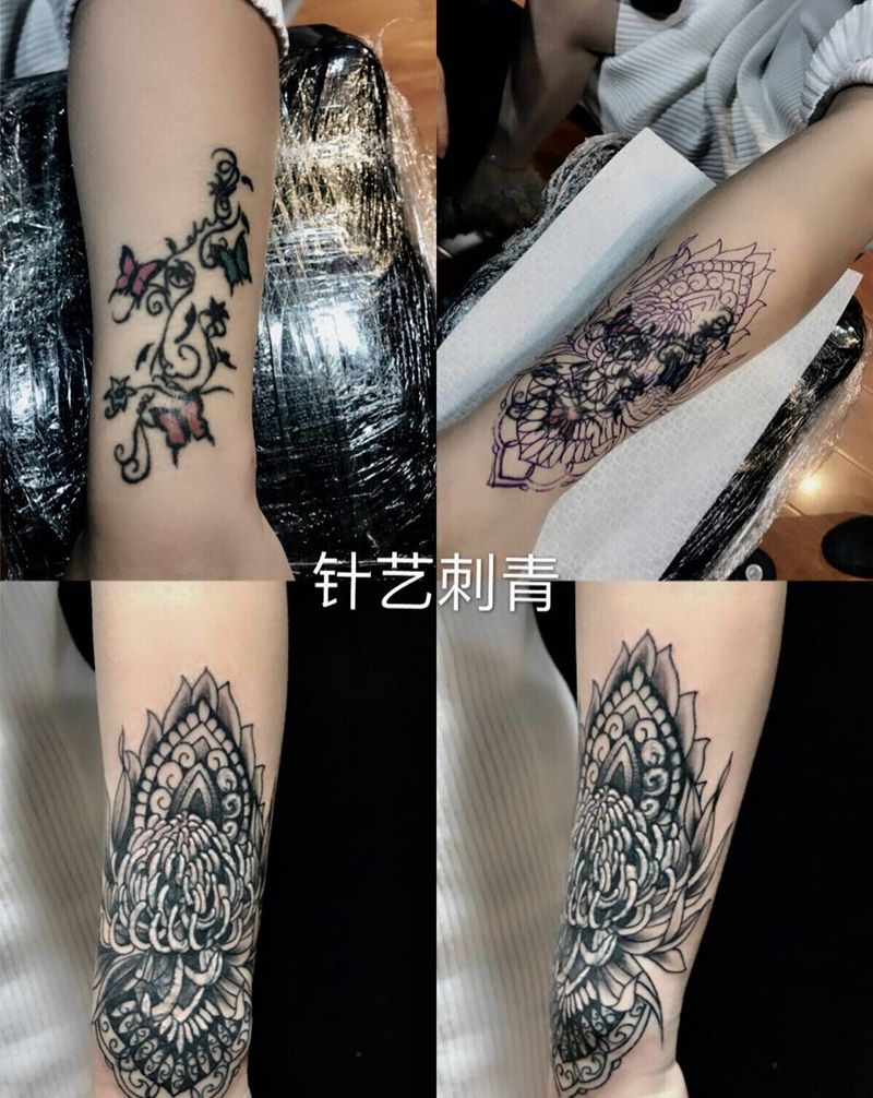 遮盖杀马特花福蝶纹身图片