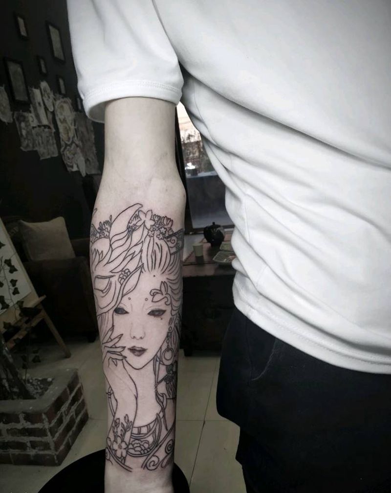 艺伎未扩线...纹身图片_手臂新传统纹身图案