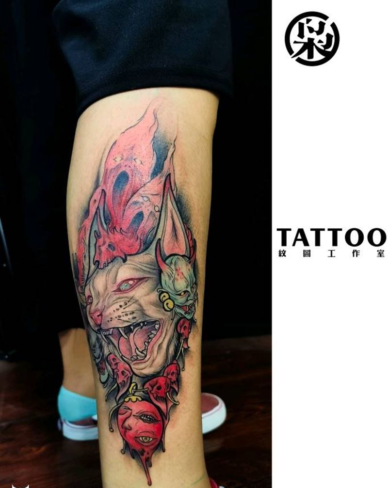 水兵月的猫纹身图片_腿部New School纹身图案