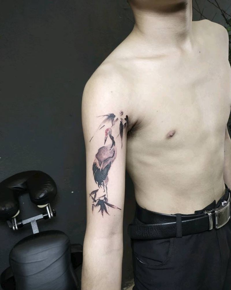 水墨仙鹤纹身图片_手臂水墨水墨仙鹤纹身图案