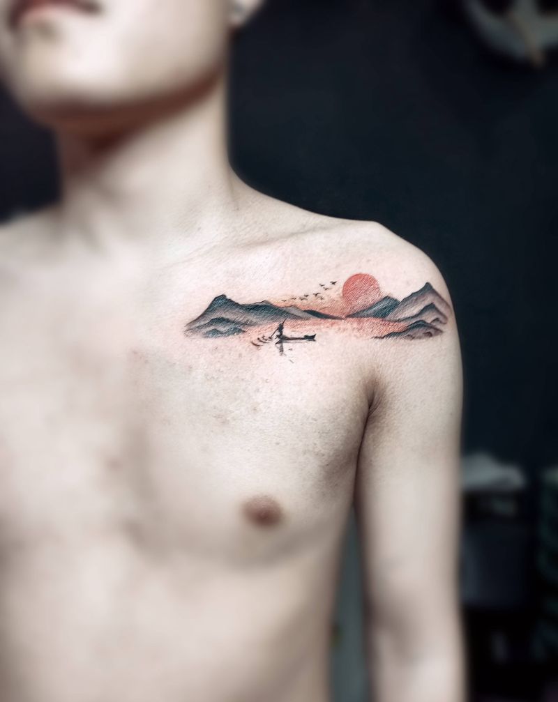 山水画纹身图片_肩部胸部水墨山水纹身图案