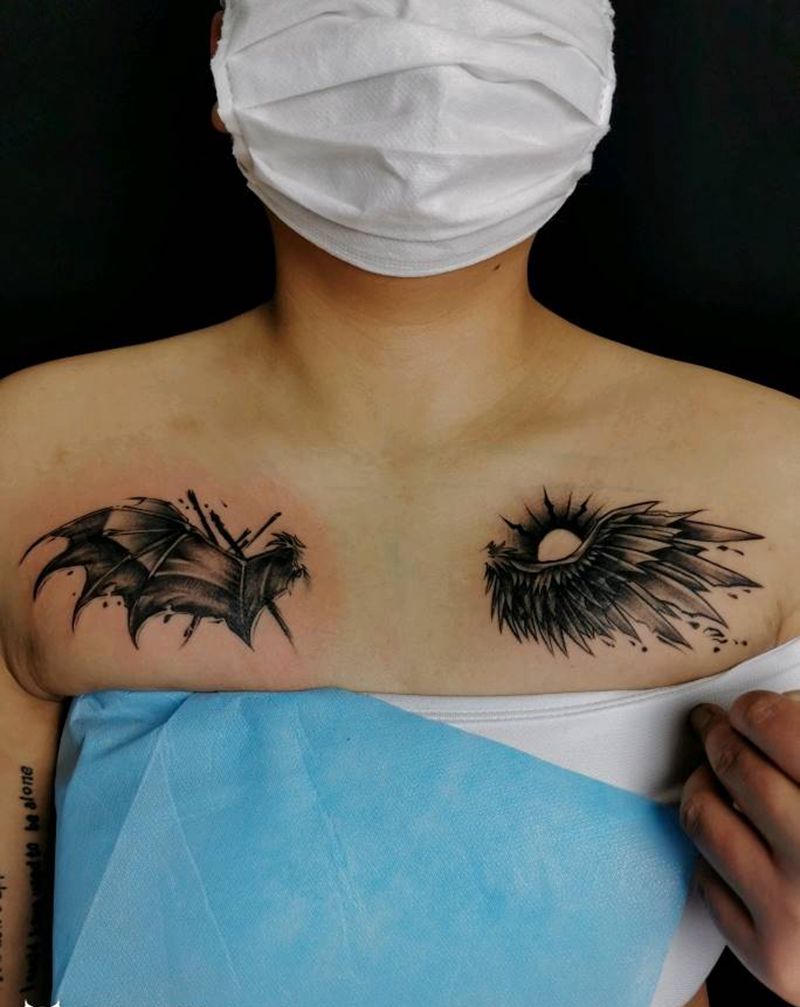 翅膀一对纹身图片_肩部纹身图案