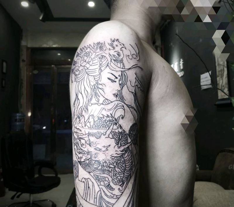 艺伎未扩线纹身图片_手臂新传统艺伎纹身图案