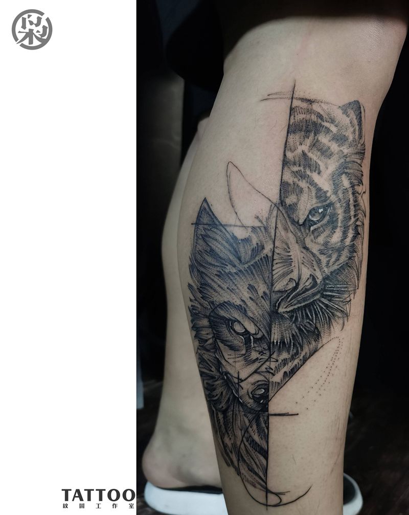 扫针纹身图片_腿部点刺纹身图案