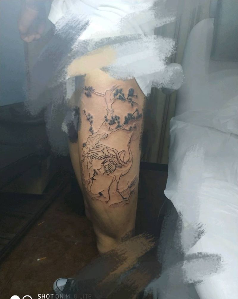 大腿仙鹤未完成纹身图片_腿部水墨仙鹤水墨腿纹身图案