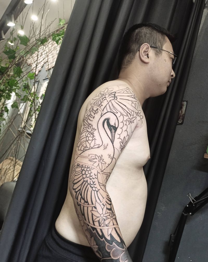 日式仙鹤花臂未完纹身图片_手臂老传统老传统花臂仙鹤日式纹身图案