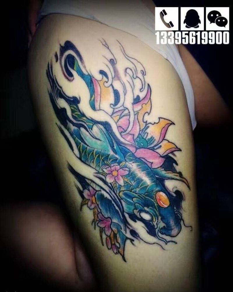 新传统大鲤鱼纹身图片_腿部纹身图案