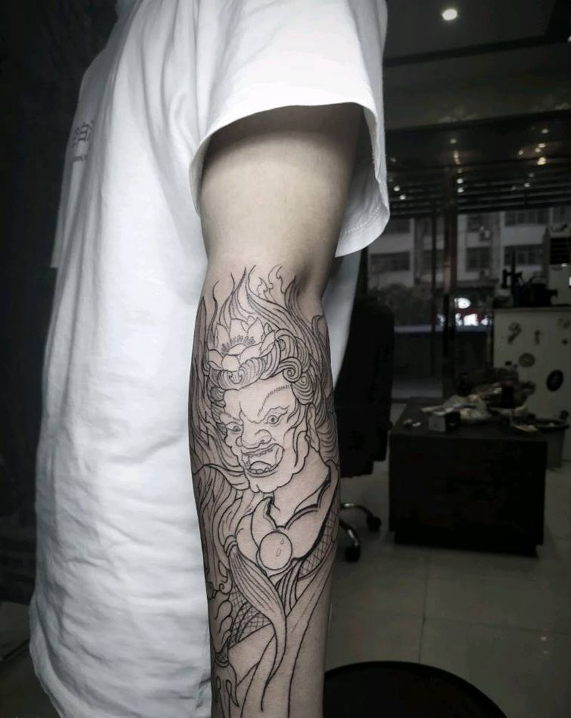 不动明王线条纹身图片_手臂新传统纹身图案