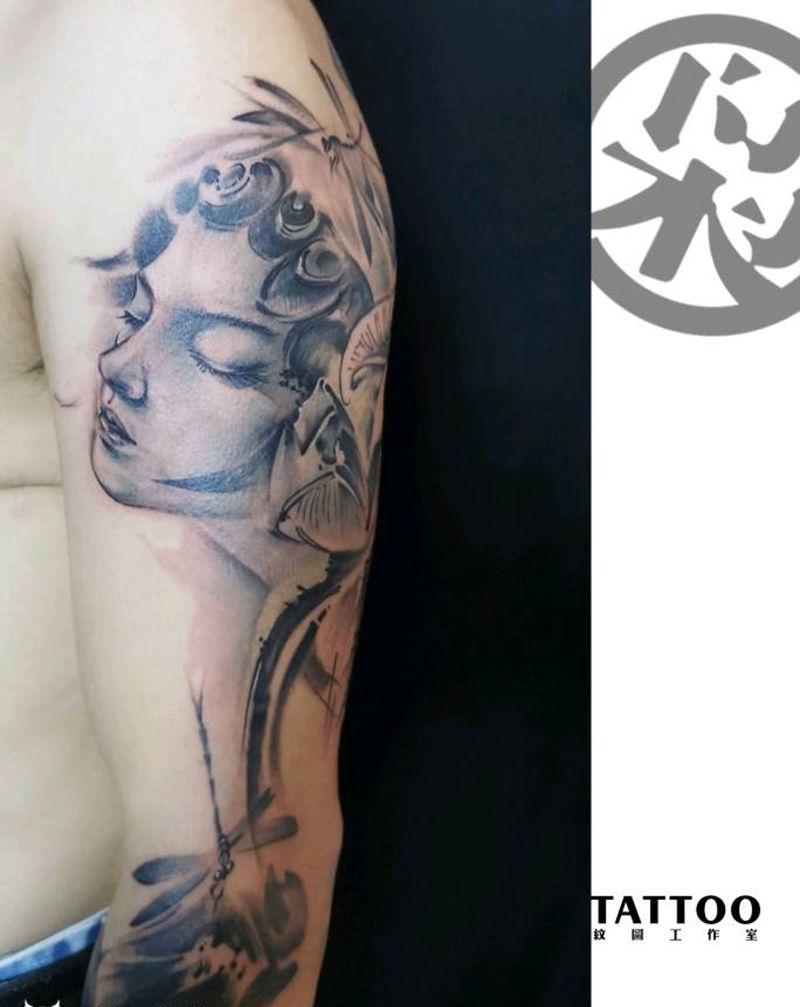 水墨，花旦纹身图片_肩部水墨纹身图案